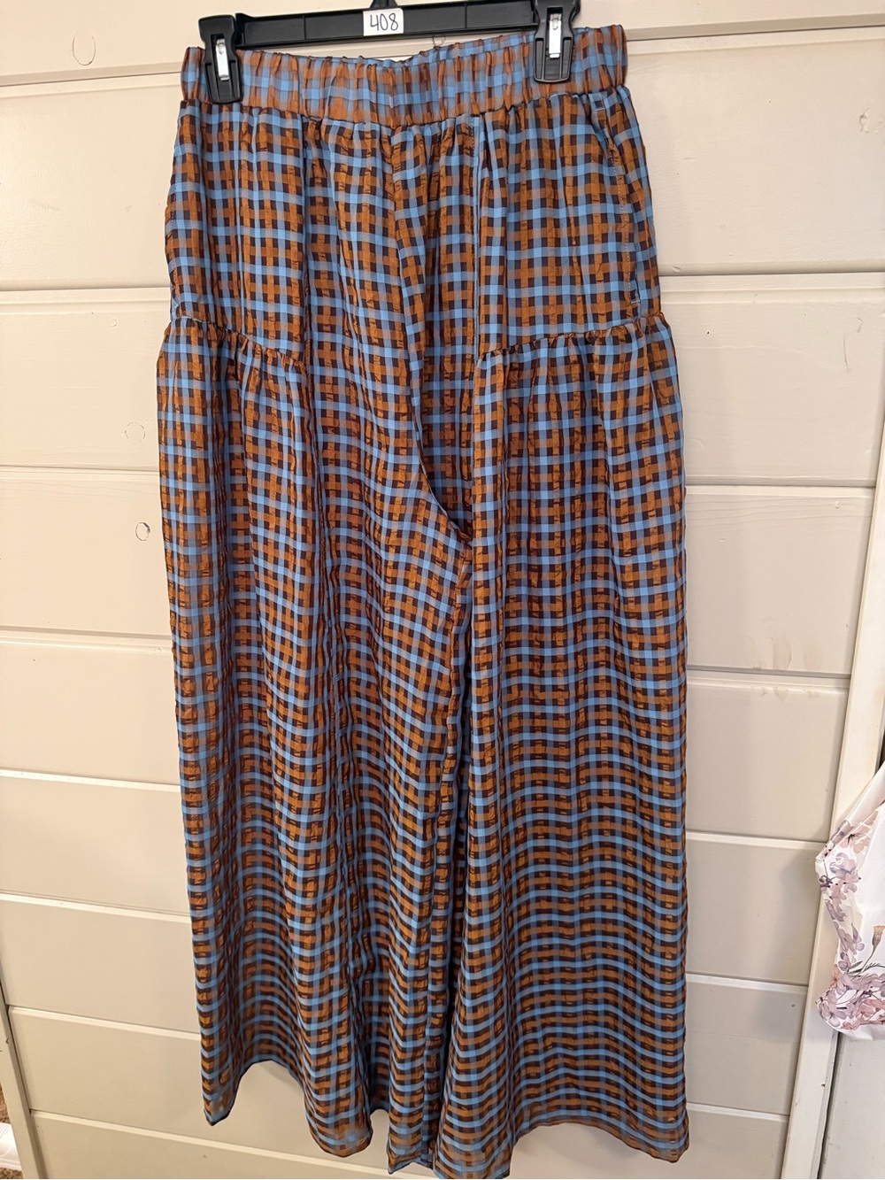 HALARA Blue and Brown Plaid wide leg pants.  sheer